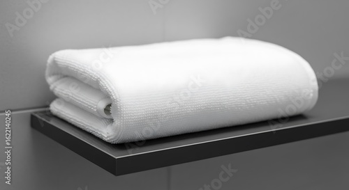 A pristine white towel, perfectly folded on a sleek dark shelf, evokes a sense of spa-like serenity and minimalist cleanliness.