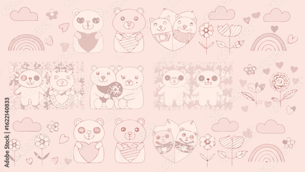 Illustration of cute bears and pandas with heart and flower elements on a light pink background Illustration of cute bears and pandas with heart and flower elements on a light pink background