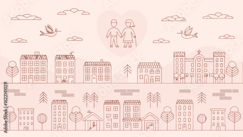 Illustration of houses and buildings with birds and an elderly couple in a heart outline