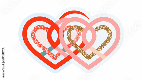Intertwined hearts in shades of red and pink with textured fills create a romantic and loving design