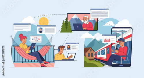 Illustration of diverse people communicating through a cloud-based network, symbolizing modern digital collaboration and teamwork