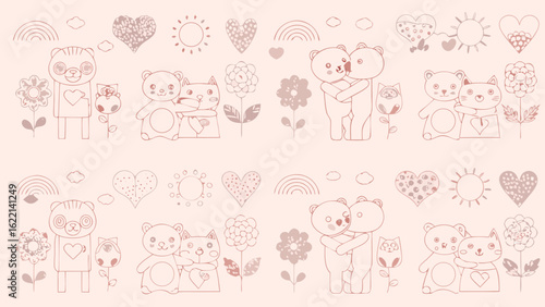 Illustration showing cute bears and cats in love with flowers and hearts in a soft pink color palette