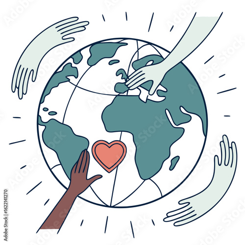 World Humanitarian Day Vector – Helping Hands and Heart Globe Symbol for Global Compassion and Relief