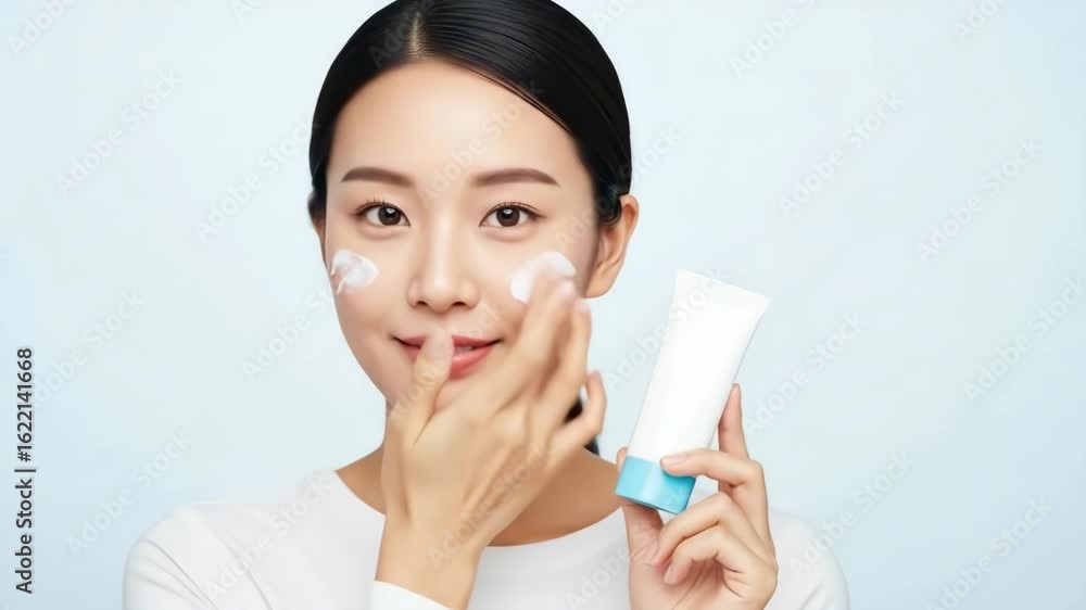 Asian woman applying moisturizer to her face and showcasing the product, highlighting skincare routine, beauty treatment advertisement Asian woman applying moisturizer to her face and showcasing the product, highlighting skincare routine, beauty treatment advertisement