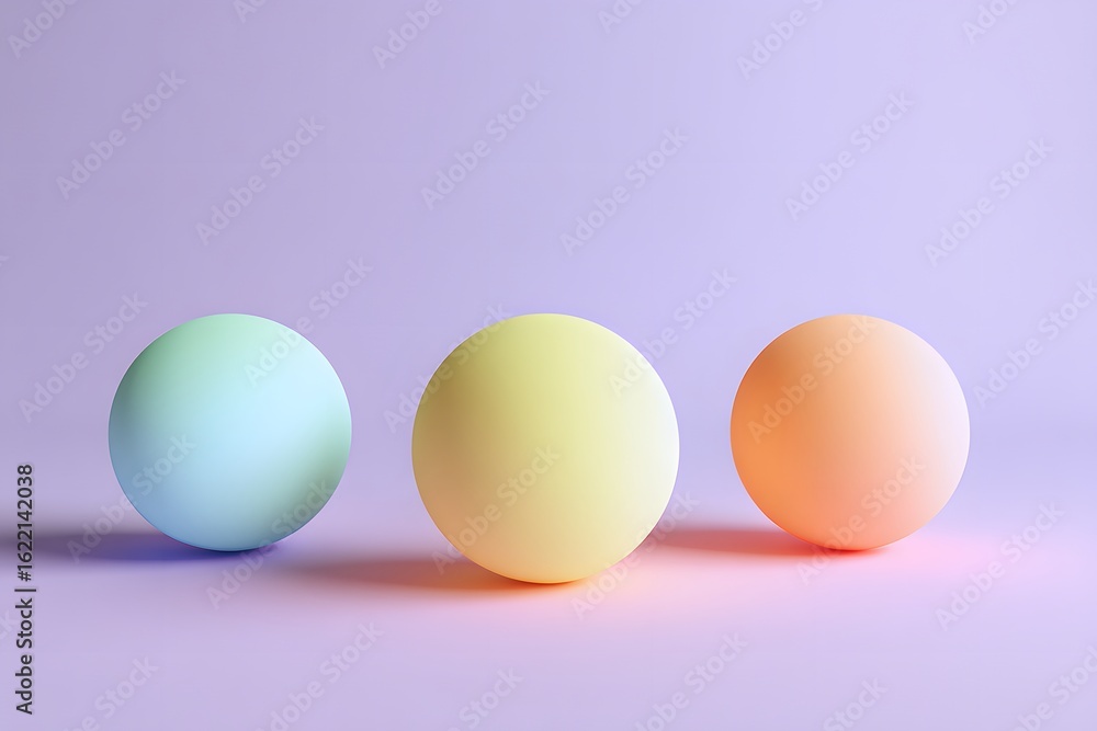 Fototapeta premium Three pastel-colored spheres on a gradient background, a 3D rendering illustration with soft shadows and a minimalistic background. 
