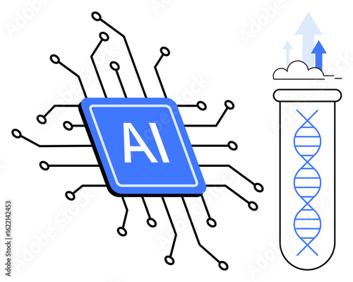 AI microchip interconnected with nodes next to DNA strand inside test tube emitting progress arrows. Ideal for AI, biotechnology, genetics, innovation, technology, automation, research. Simple flat