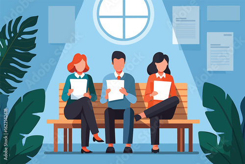 Group of job candidates with resumes waiting for an interview on a bench vector illustration