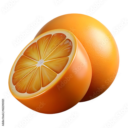 High-Resolution 3D Art of a Juicy Half Orange Slice – Transparent PNG, Realistic and Eye-Catching Design
