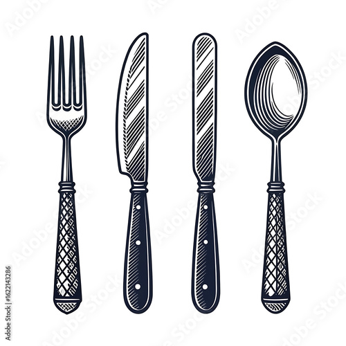 Vintage engraved cutlery set fork knife spoon isolated on white background