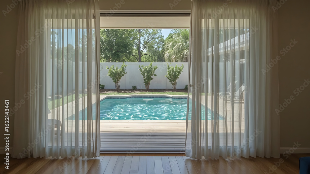 Fototapeta premium Open doorway with sheer curtains reveals a backyard swimming pool surrounded by greenery and a white fence.