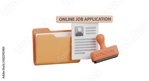 Successful online job application concept with a resume folder, document, and an approval stamp. 3D recruitment illustration.