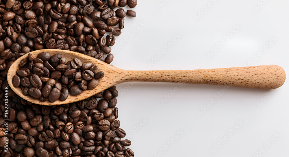 Fototapeta premium Wooden spoon filled with dark roasted coffee beans