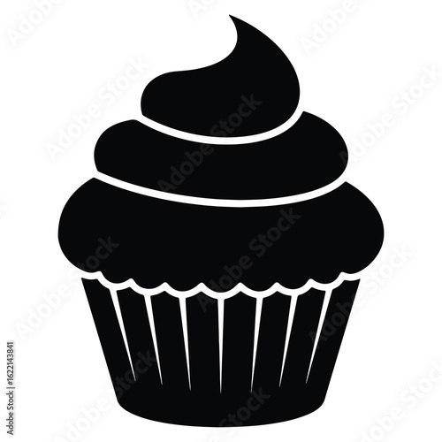 Black and white minimalist illustration of a delicious cupcake with generous icing swirl