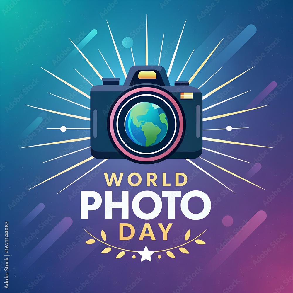 Obraz premium world photo day celebration, world photography day concept, camera art world photo day, photography icon design, international photo day logo