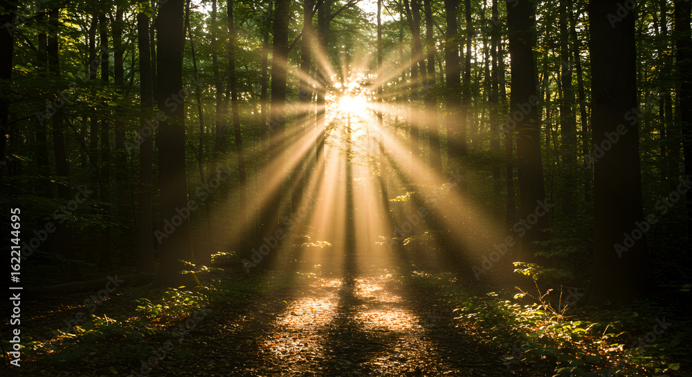 Obraz premium Sunbeams Illuminating Misty Forest Path