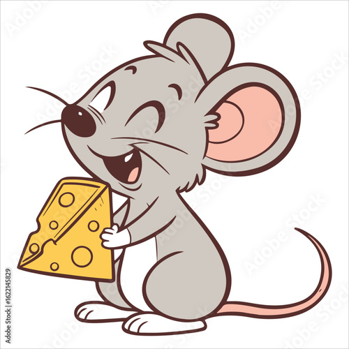 A funny cartoon mouse character with a big smile is happily eating a piece of cheese