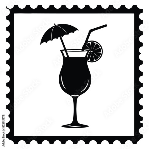 Black and white silhouette of a tropical cocktail decorated for summer enjoyment