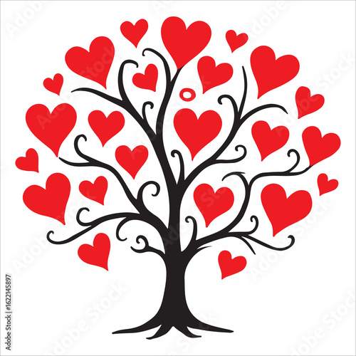 Print valentine's day hearts tree, abstract heart-shaped leaves, minimalist design, black and red, digital art
