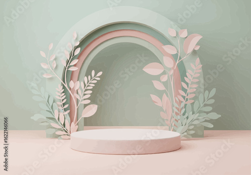 Pastel-colored, 3D paper art podium, decorated with arches, leaves, and branches, for a spring-like aesthetic.