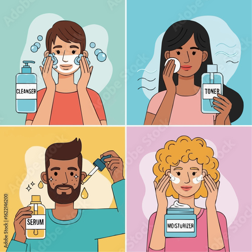 Diverse individuals follow a skincare routine, cleansing, toning, applying serum and moisturizer.