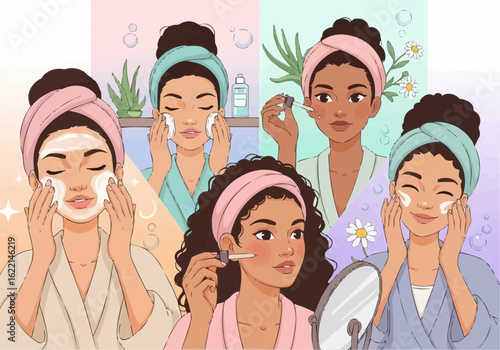 Diverse women performing various skincare routines, showcasing beauty and self-care practices.