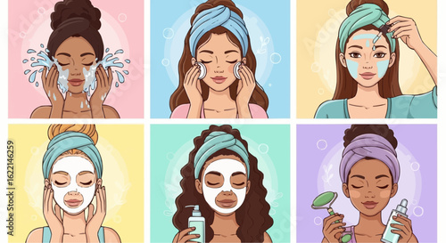 Women applying various skincare products in a step-by-step tutorial.