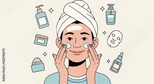 A person applying facial cream surrounded by skincare products, smiling.