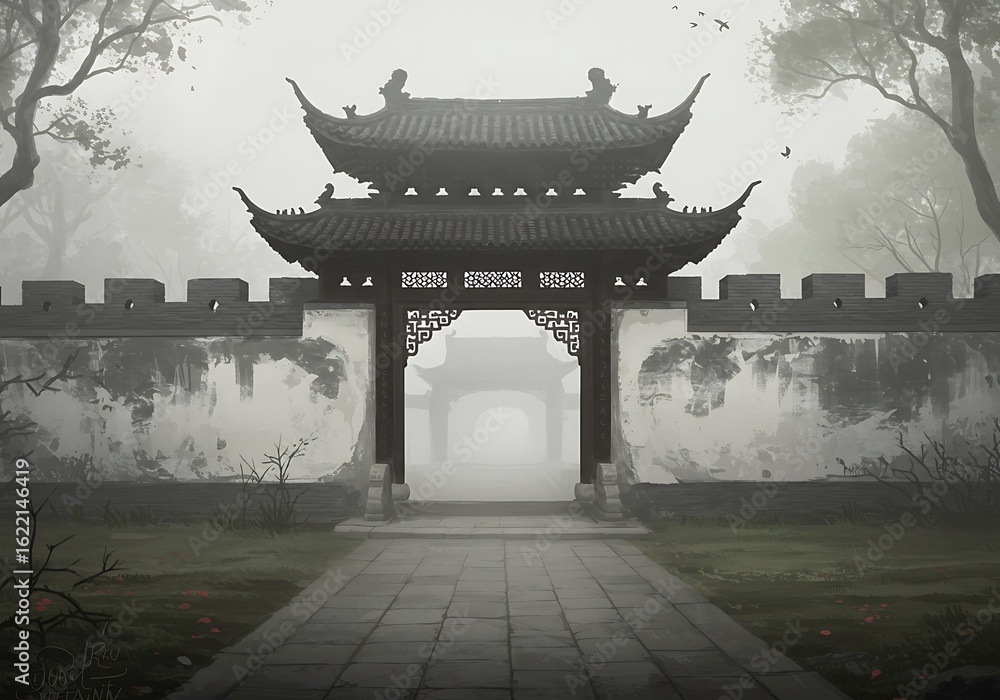 Fototapeta premium Misty Gate: Tranquil Asian Garden Pathway