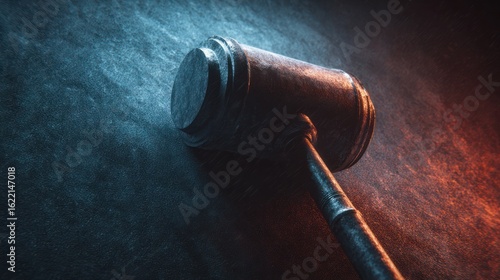 A wooden gavel rests against a mottled background with dual blue and reddish orange lighting