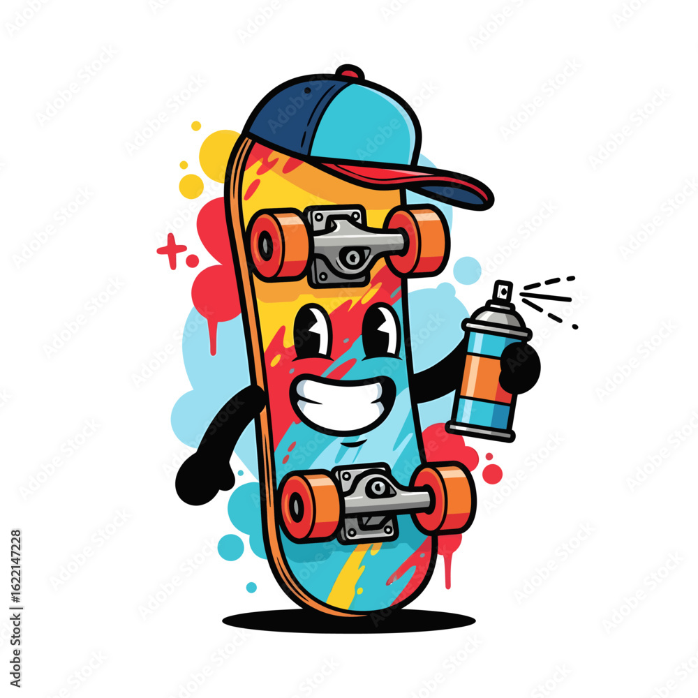 A vibrant cartoon skateboard mascot character with a baseball cap, joyfully spraying paint from a can. An illustration representing urban street art and graffiti culture.