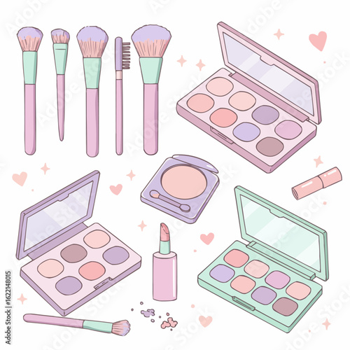 An illustration of makeup items including brushes, eyeshadow palettes, lipstick, and other cosmetic tools, arranged on a white background with small hearts.