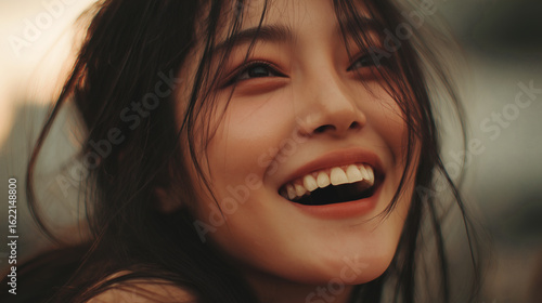 A candid, close-up shot of a young East Asian woman bursting into a fit of uncontrollable, innocent laughter, her eyes crinkling with genuine joy.