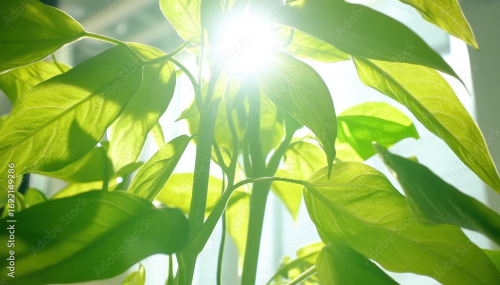 Obraz premium Vibrant Green Plant Leaves Backlit by Bright Sunlight, Symbolizing Growth and Nature