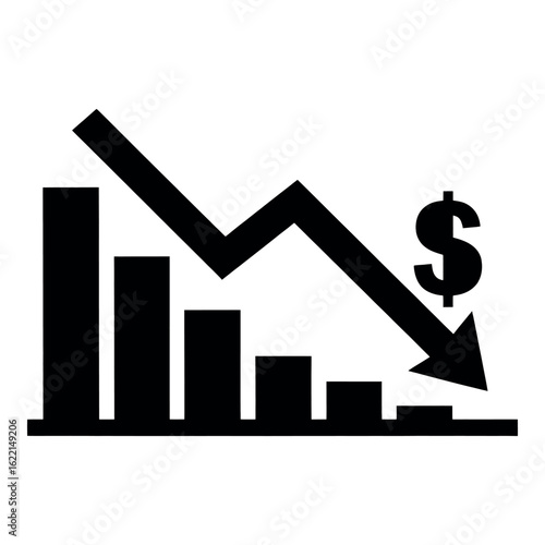 Financial decline illustrated by a downward trend graph with a dollar sign silhouette