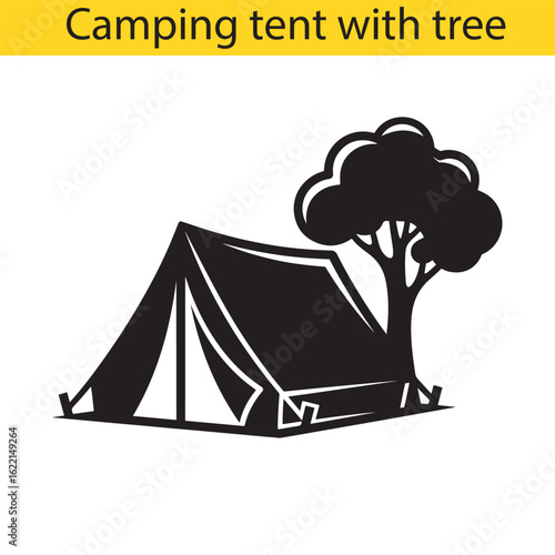 Graphic vector illustration of a tourist tent and a tree, symbolizing camping, hiking, and an outdoor lifestyle in nature