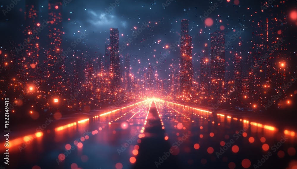 Fototapeta premium Futuristic Cityscape with Neon Lights and Digital Data Flow