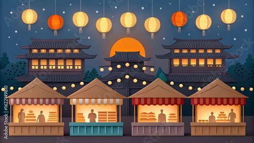 Wallpaper Mural A vibrant night market scene with traditional lanterns illuminating the stalls and buildings under a starry sky creating a festive atmosphere Torontodigital.ca