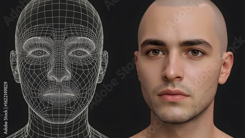Realistic 3d human head model wireframe and render comparison