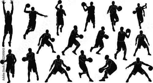Basketball player silhouette vector set, action poses dribbling, shooting, dunking, isolated sports figures, black athletes playing basketball game.