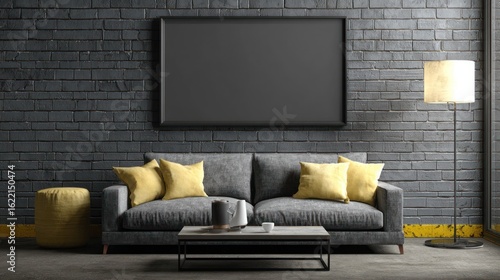 Gray couch beneath blank frame on brick wall in industrial-style room