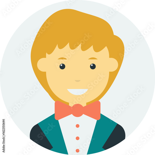 Smiling boy in a teal suit and bow tie, profile view, cartoon style.