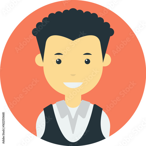 A cartoon-style illustration of a young man with dark curly hair, wearing a vest, set against a circular orange background.