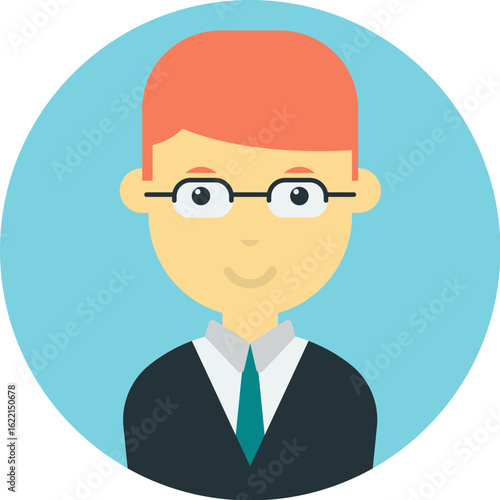 A smiling, cartoon-style illustration of a man with glasses, red hair, and a suit.