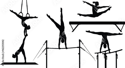 Silhouette illustration of female gymnasts performing on rings, bars, beam, and floor, artistic gymnastics poses for sports design.