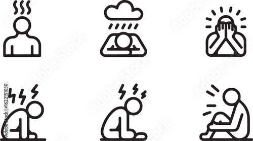 Mental Health Icon Set Depicting Stress, Anxiety, Depression, and Emotional Turmoil
