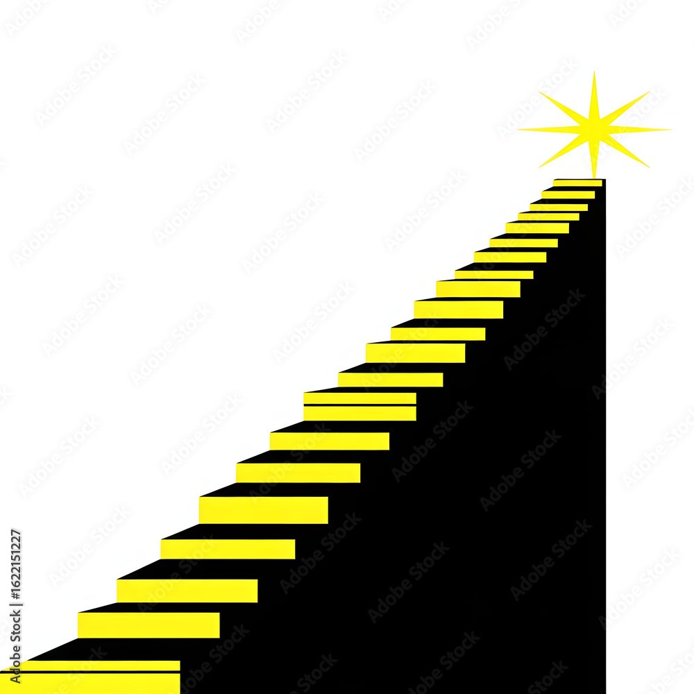 Obraz premium Stairway to success, climbing steps towards a shining star goal. Abstract concept of ambition and achievement.