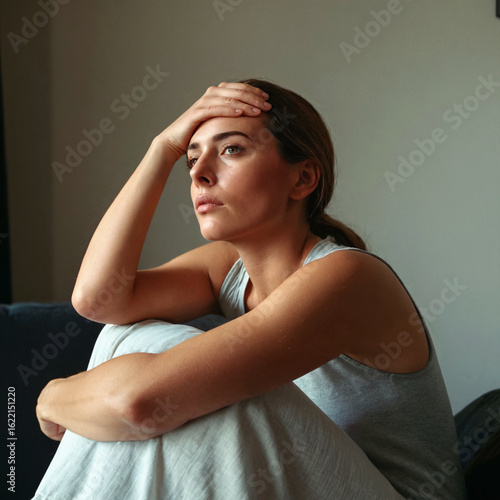 sad thoughtful woman sitting alone at home feeling depressed anxious and lonely dealing with a mental health crisis or grief