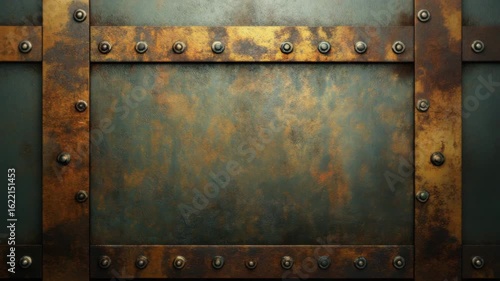 Rusty metal plate with rivets and crossbar showing aged industrial texture and vintage close up design featuring weathered surface with brown and dark green tones