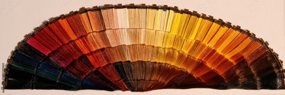 Obraz premium Colorful Hair Dye Swatches Arranged in a Gradient Fan Display Showcasing Various Shades From Dark to Light, Capturing the Range of Hair Color Options Available