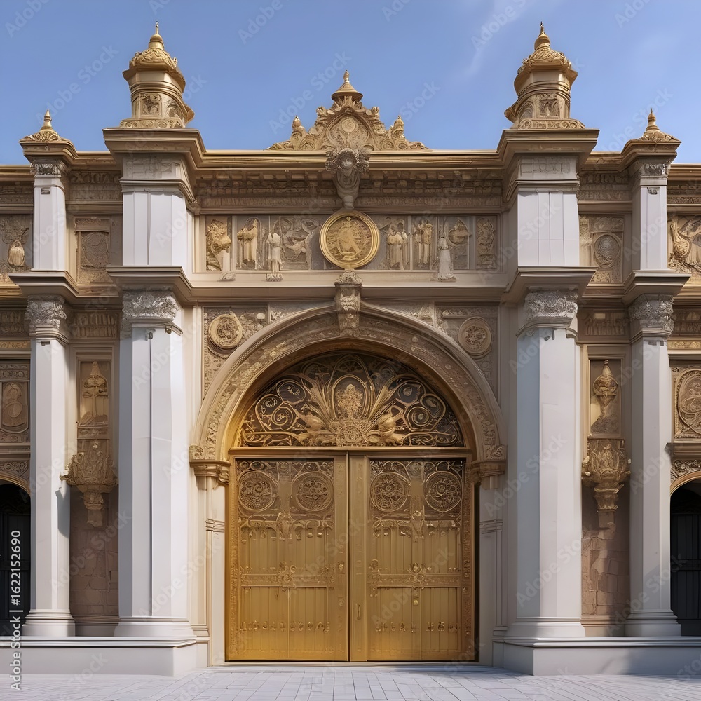 Obraz premium Opulent entrance adorned with golden carvings and neoclassical architectural elements